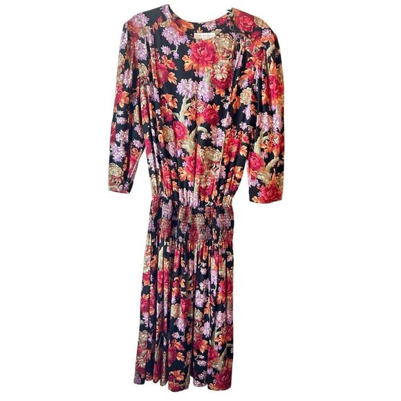 Vintage 80's Dennis Goldsmith Floral Smocked Waist Midi Dress sz 14 Grandmacore, - Picture 2 of 11